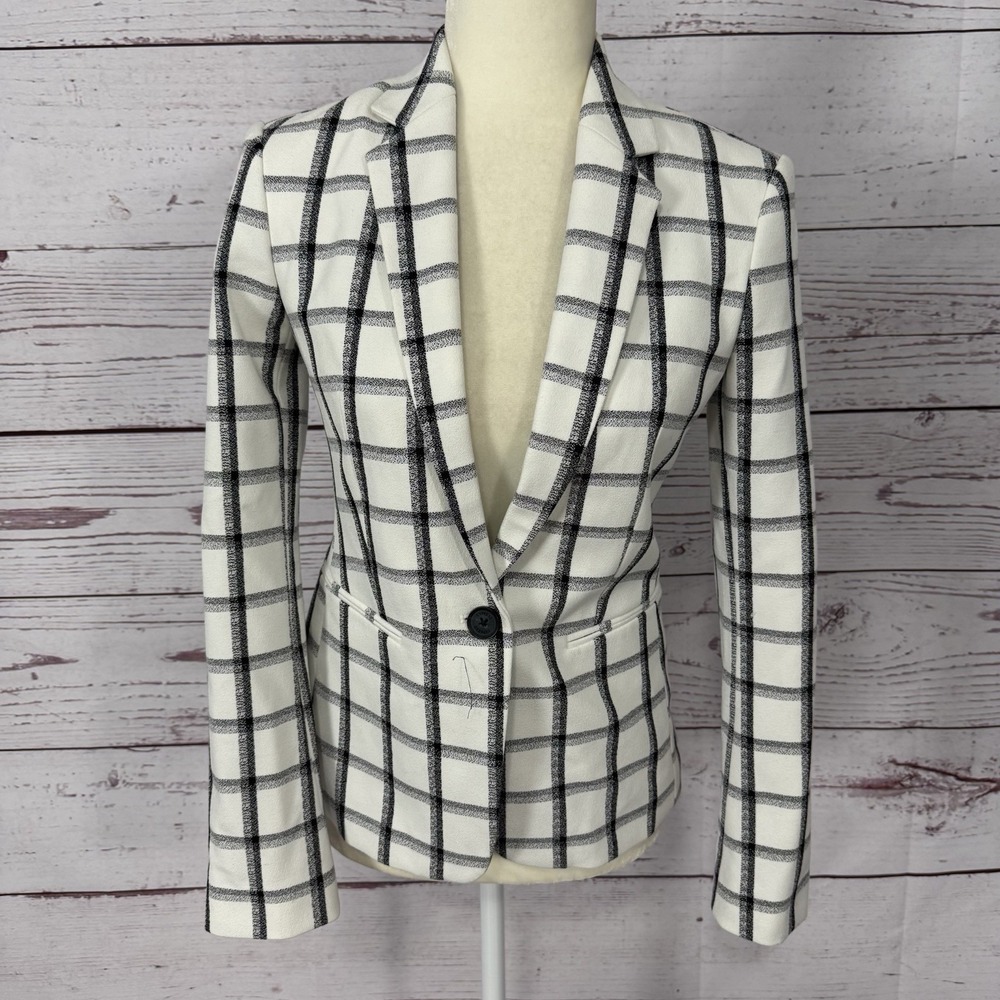 Express Womens Plaid Blazer Size 2 Black White Windowpane Stretch Jacket